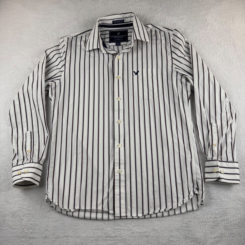 American Eagle Striped Button Down Shirt Mens Medium White Navy Vintage Fit
